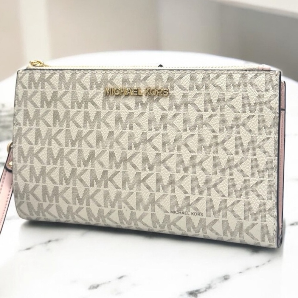 Michael Kors Large Jet Set Travel Double Zip Wallet Powder Blush Multi